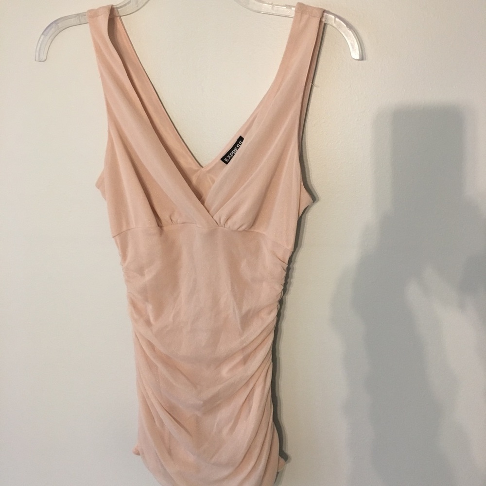 Express light pink iridescent V-neck ruched tank